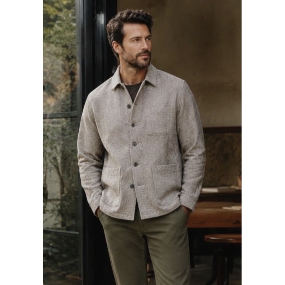 Sid Mashburn 100% Linen Herringbone Chore Jacket Men's L Lightweight Beige